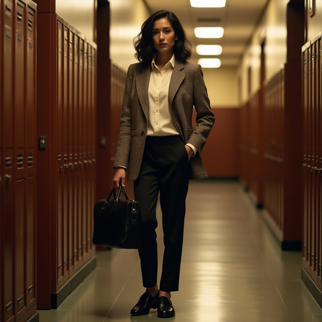 Tweed Corridor: Editorial personal-photo concept in a wood-paneled school hallway with tall lockers or cabinet doors creating repeating vertical stripes.