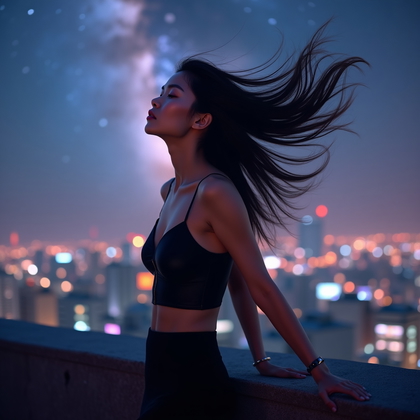 AI-generated photo: Photorealistic portrait photography. In a rooftop setting with a sweeping city skyline behind, a per...