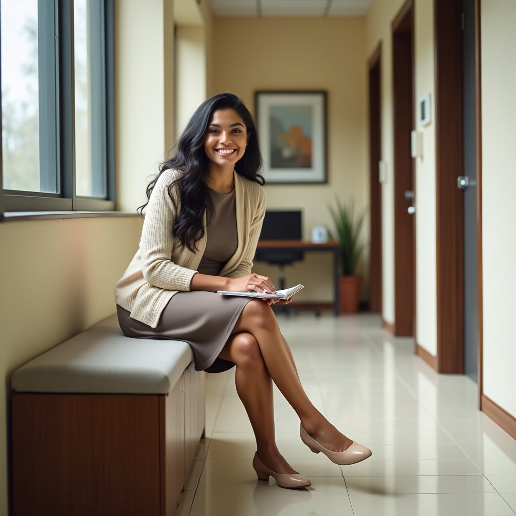 Sheath Dress And Cardigan: Realistic office hallway portrait with a warmer, welcoming tone.