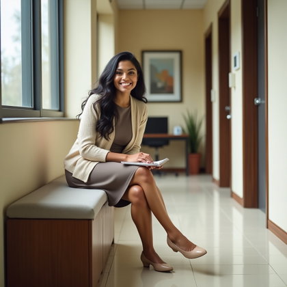 Robe fourreau et cardigan : portrait réaliste dans un couloir de bureau, avec une tonalité plus chaleureuse et accueillante.