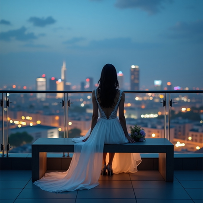 AI-generated photo: Photorealistic wedding photography: on a rooftop terrace at blue hour, the bride perches at the tape...