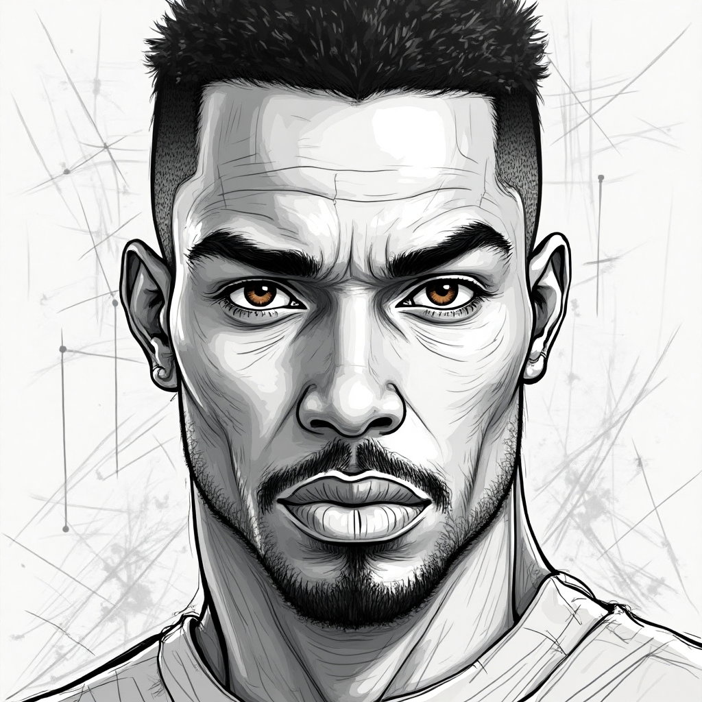 AI-generated photo: **Line art illustration.** Illustrate a poignant close-up of a 25-year-old Black man with a muscular...