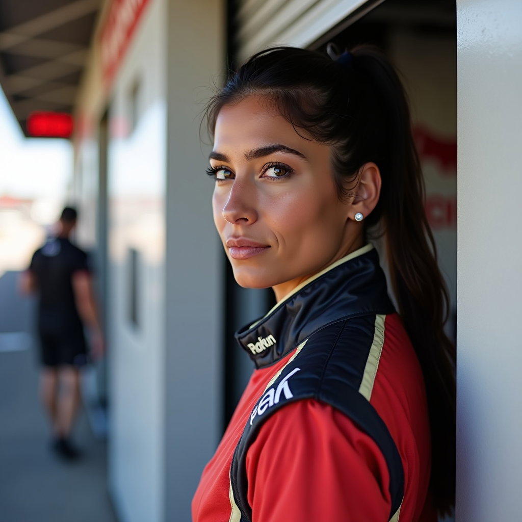 Garage Doorway Racing Suit Portrait example: Photorealistic profile-avatar motorsport photography. Head-and-shoulders over-the-shoulder portrait at the garage doorwa