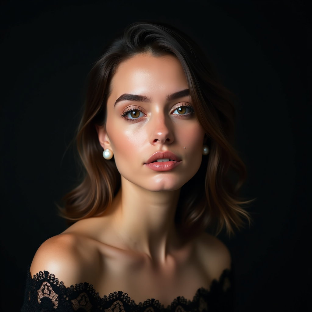Black Lace Beauty Portrait with Pearl Details example: Dating profile photo. Beauty portrait with a tight vertical crop, the face fully visible and framed by black lace fabric