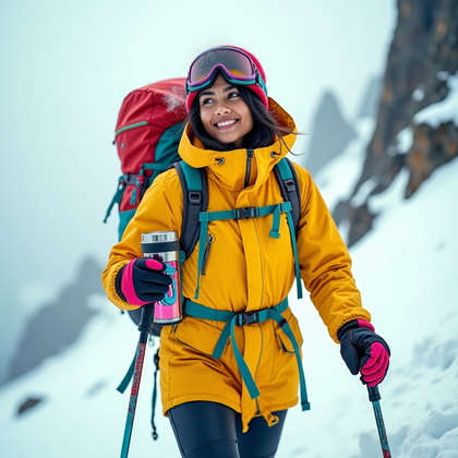 AI-generated photo: Photorealistic adventure fashion portrait: on a windswept mountain pass in near-whiteout conditions,...