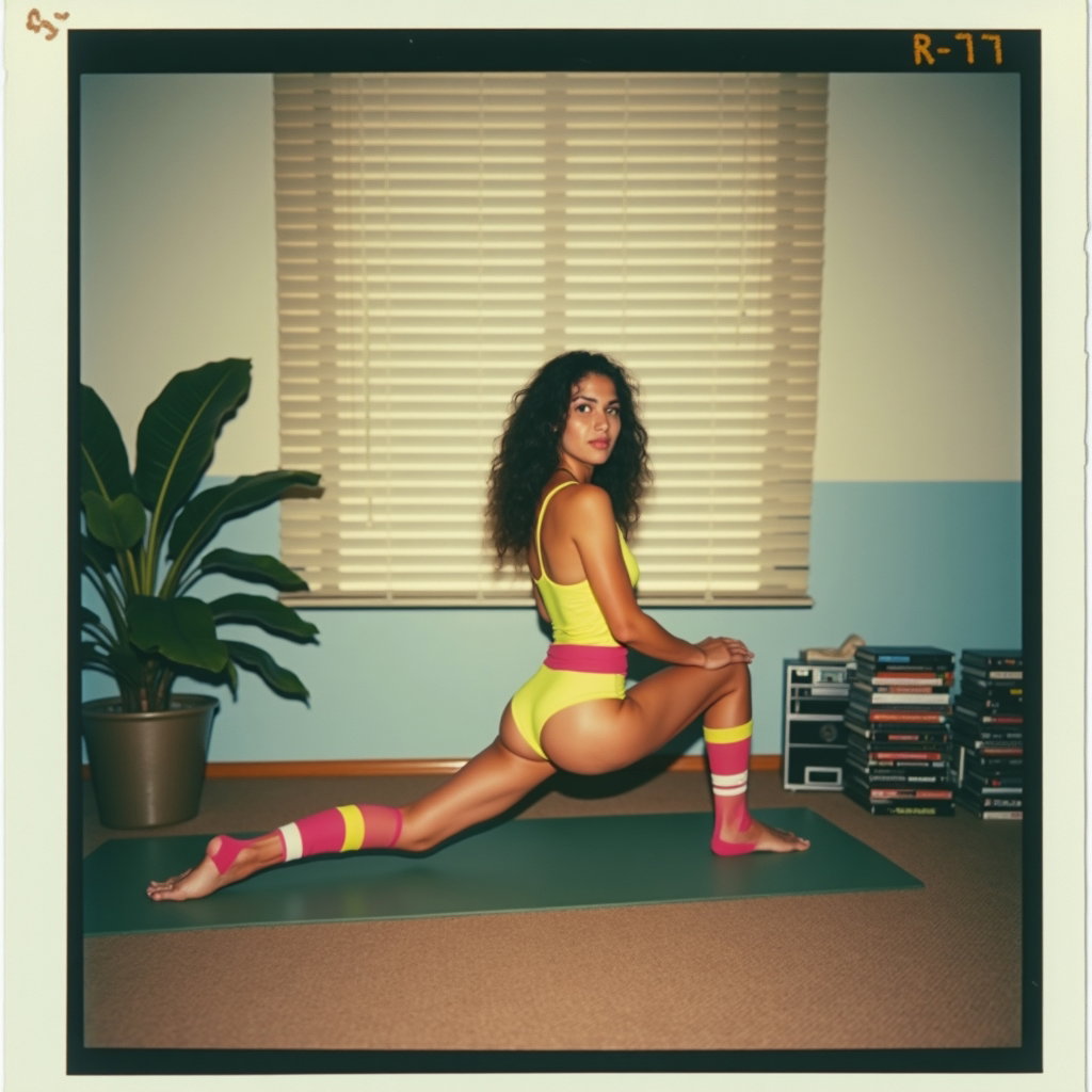 AI-generated photo: Analog 1980s Polaroid instant photo of a home workout scene with venetian-blind light stripes across...