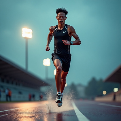 AI-generated photo: Photorealistic fashion sports photography of an athlete sprinting mid-stride on a wet track under dr...