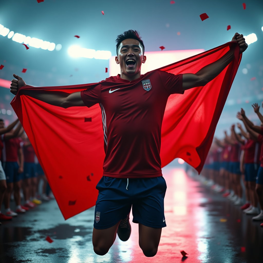 Victory Roar Celebration Portraits example: Photorealistic sports fan action portrait photography. Full-body image of the fan jumping in a rain-slick outdoor fan zo