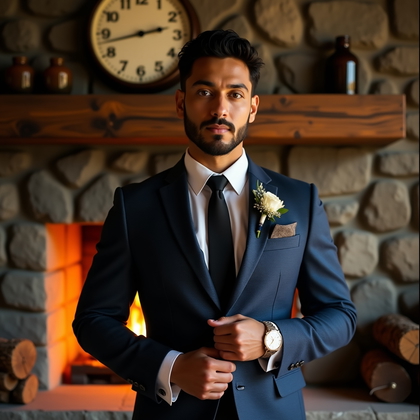 AI-generated photo: Photorealistic wedding photography portrait in a mountain lodge before a roaring stone fireplace, wh...