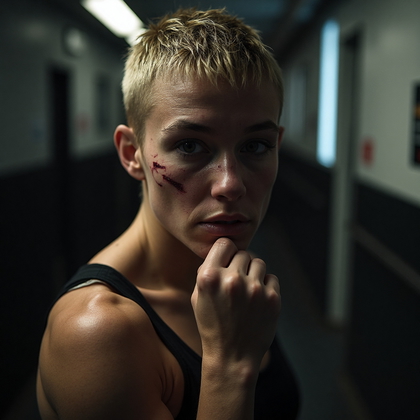 AI-generated photo: Photorealistic evocative close-up photograph of a UFC fighter still bearing the marks of their recen...