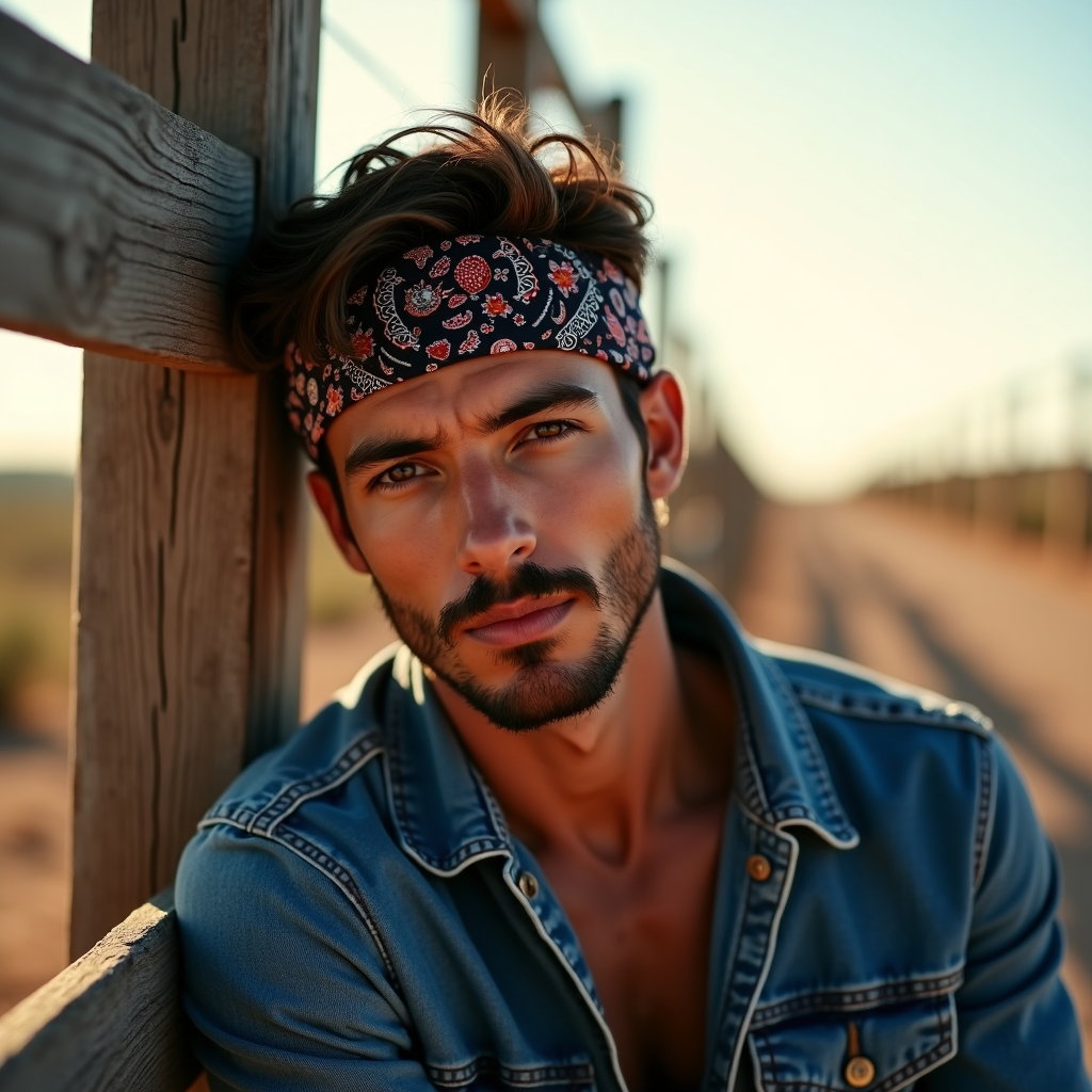 AI-generated photo: Fashion editorial photography, a bandana-and-denim close-up framed from chest to top of head, with t...