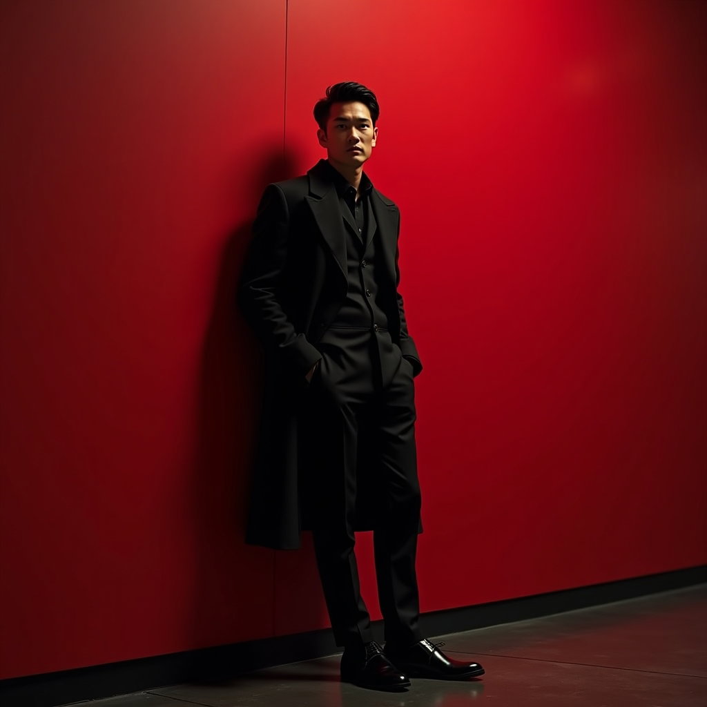 Simple Crimson Wall Half-Body Portrait example: Dating profile photo. Full-body portrait beside a crimson wall with a narrow strip of dark floor visible, using an elega