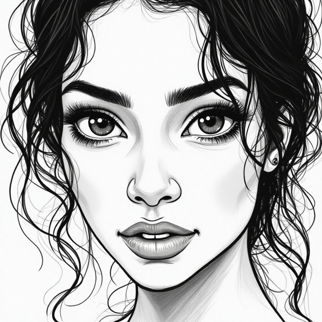 AI-generated photo: Line art illustration. Create a captivating close-up of a 31-year-old Indian woman with natural blac...