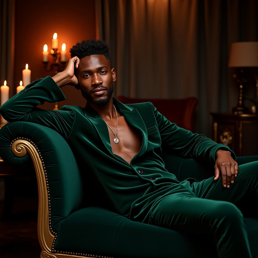 Candlelit Velvet Close-Up example: Dating profile photo, half-body portrait seated on a dark velvet chaise in a moody lounge, one elbow resting casually on