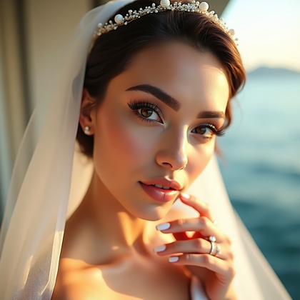 AI-generated photo: Photorealistic bridal beauty close-up on a sunlit balcony by the sea at late afternoon, the veil lif...