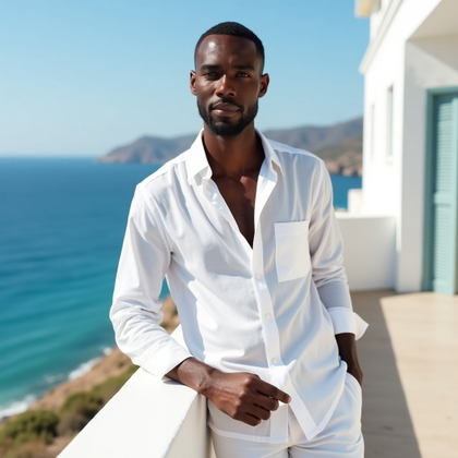Minimal White Linen Portraits Against Blue Sea and Sky example: Photorealistic vacation portrait photography. Half-body portrait on a whitewashed seaside terrace, wearing a relaxed whi