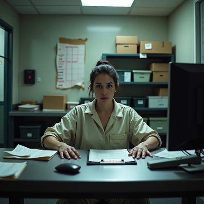 AI-generated photo: Photorealistic freshly processed prison scene in a confiscated-items cataloguing area, with the subj...