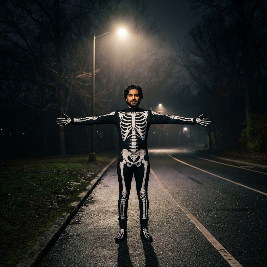 Skeleton Under a Streetlight: A lone person stands under a streetlight beside an empty park road at night, seen head to toe in a wide frame.