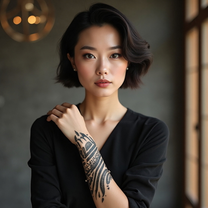 AI-generated photo: Photorealistic photography featuring a woman in a chic and modern setting, highlighting a tribal-ins...