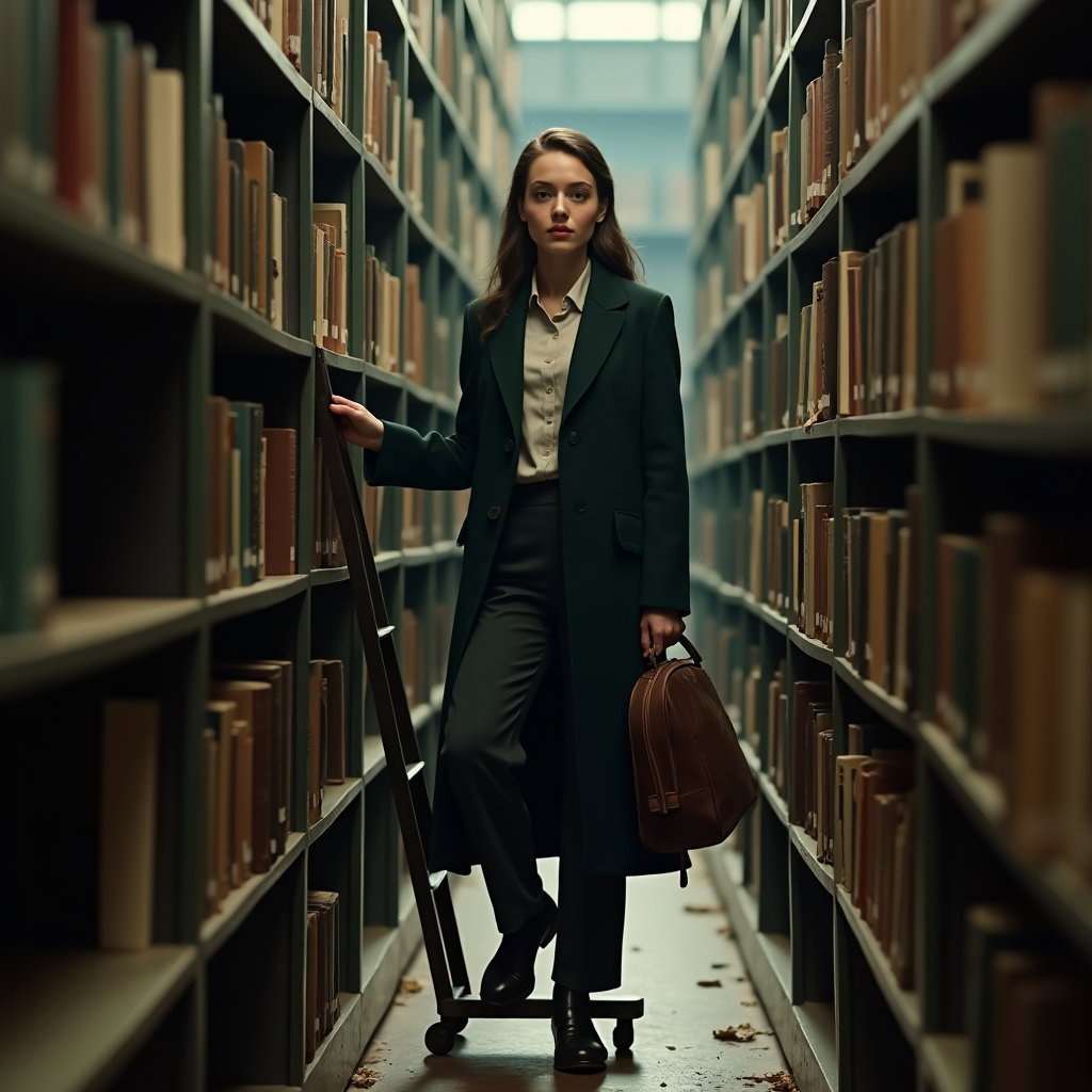 Dark Academia Library Poet Portrait example: Photorealistic portrait photography. Full-body portrait in a narrow library aisle, the subject standing on a rolling lad