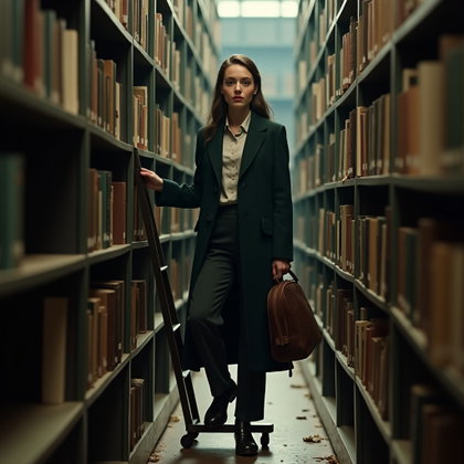 Dark Academia Library Poet Portrait example: Photorealistic portrait photography. Full-body portrait in a narrow library aisle, the subject standing on a rolling lad