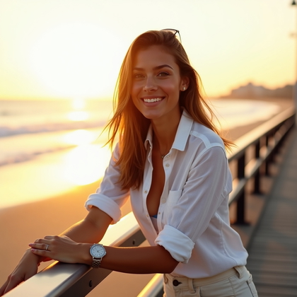 AI-generated photo: Photorealistic outdoor portrait photo on a sunlit boardwalk at golden hour with the ocean softly blu...
