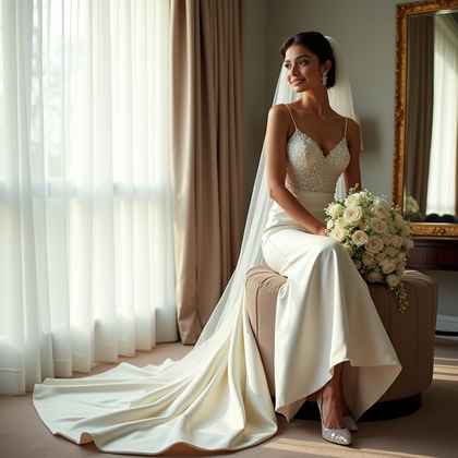 AI-generated photo: Photorealistic wedding photography in a bright bridal suite where the bride perches on the front edg...