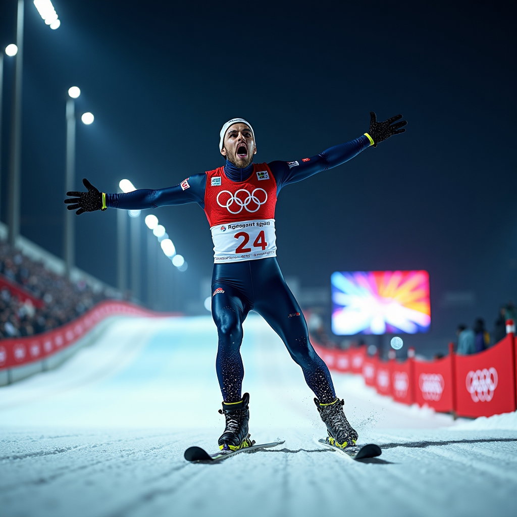 AI-generated photo: Photorealistic sports photography, dramatic diagonal composition of a ski jumper in the outrun area ...