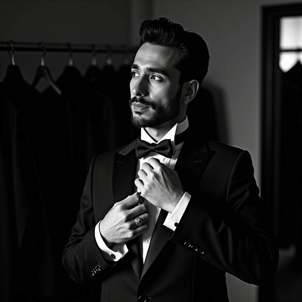 AI-generated photo: Photorealistic black-and-white wedding portrait; a narrow blade of window light slices across the fa...