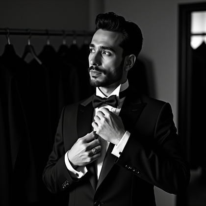 AI-generated photo: Photorealistic black-and-white wedding portrait; a narrow blade of window light slices across the fa...