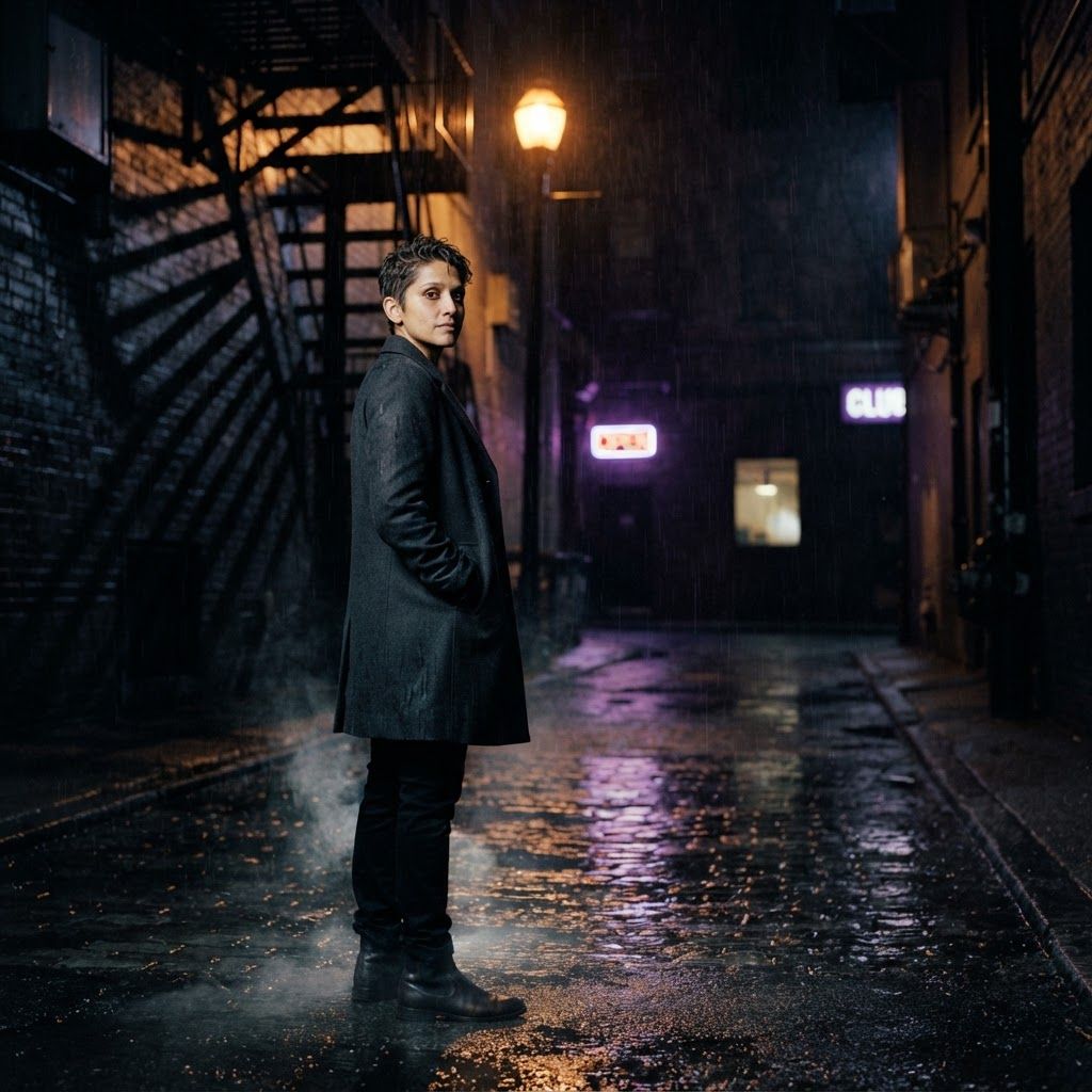 Rainy Alley Stakeout: Full-body neo-noir rain alley portrait showing one lone figure in a tailored dark coat, hands in pockets, turned slightly away while looking…