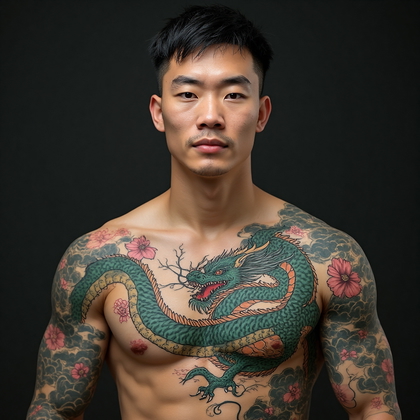 AI-generated photo: Photorealistic photography of a man with a traditional Japanese style chest tattoo depicting a drago...