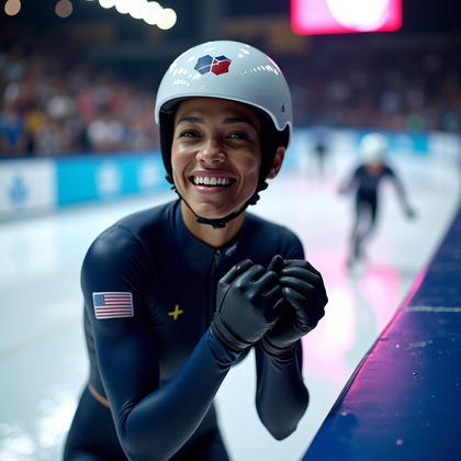 AI-generated photo: Photorealistic sports photography, close mid-shot inside the finish pen of a short track speed skati...