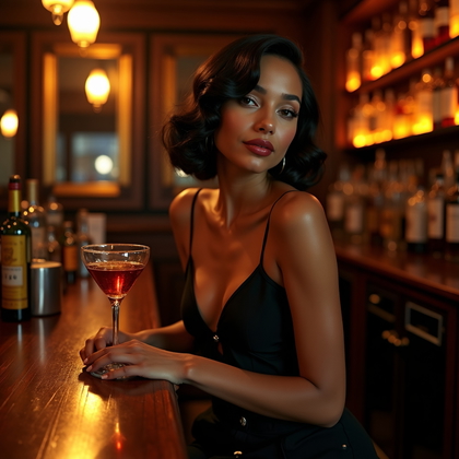 Photorealistic portrait in a speakeasy cocktail bar with dark walnut paneling, antique mirrors, and a backlit wall of amber bottles; the subject stands at the bar with a relaxed lean, one elbow on the polished surface and a coupe glass lightly held at waist height, shoulders squared and chin slightly down while eyes meet the camera in a confident, inviting gaze. Warm practicals and candlelight wrap the face with golden tones while a cooler spill from the open doorway carves a subtle rim along the jawline, delivering cinematic warm–cool contrast. Compose as a waist-up three-quarter with shallow depth and creamy bokeh from the bar’s lights, reflections on lacquered wood echoing the arcs of the glassware to guide attention straight to the face.