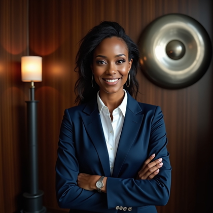 AI-generated photo: Professional headshot: centered against a dark walnut panel wall accented by an abstract brushed-met...