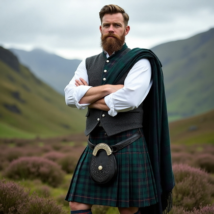 AI-generated photo: Cultural Attire Portrait featuring a man wearing a traditional Scottish kilt ensemble, crafted from ...