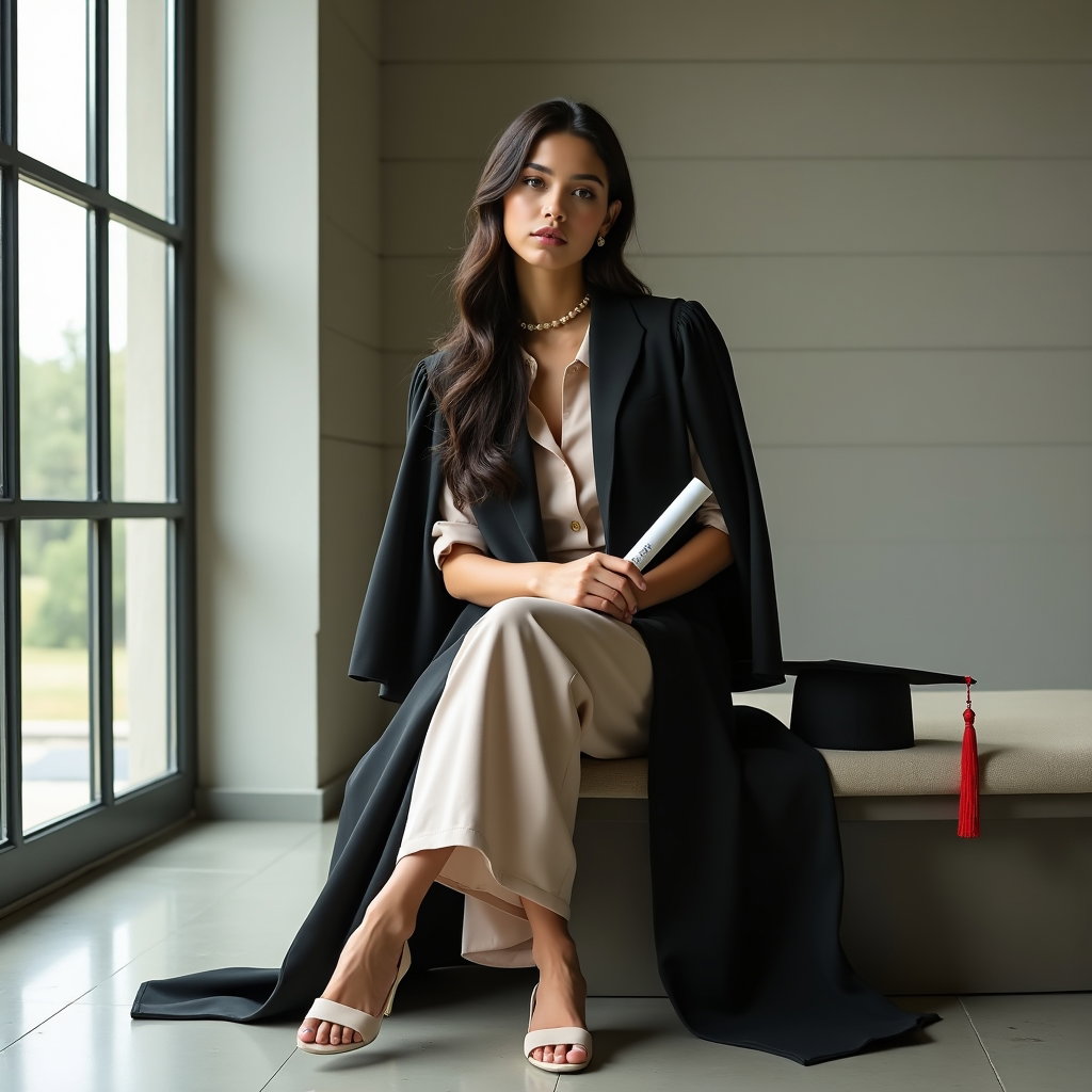 AI-generated photo: Fashion portrait photography, a refined graduation portrait beside large campus windows in a minimal...