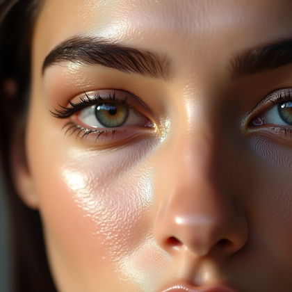 AI-generated photo: Photorealistic beauty photography. Vertical close-up crop that includes the forehead just above the ...