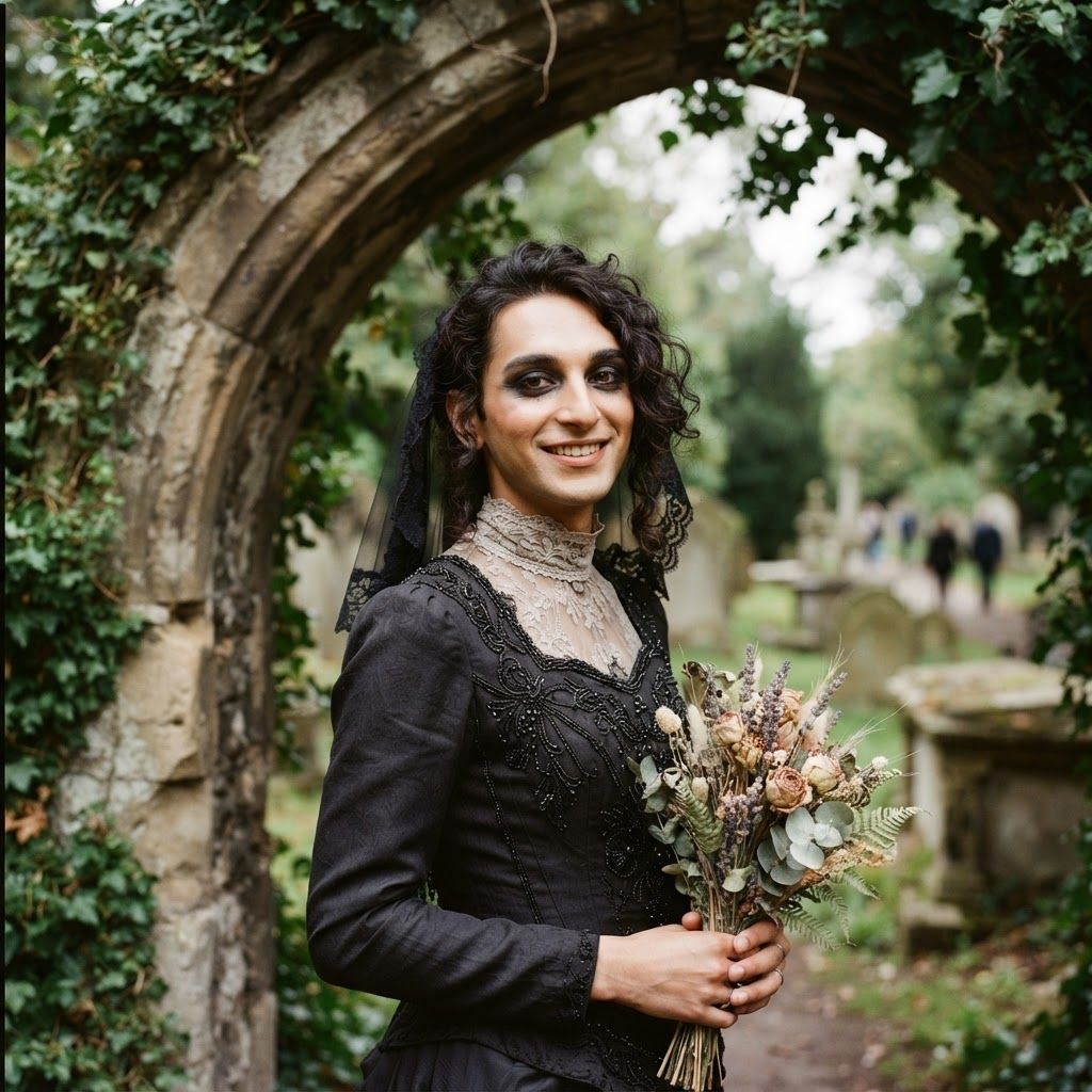 Gothic Bride Beneath a Cemetery Arch: Close three-quarter portrait beneath an ivy-lined cemetery arch, with the curved stonework visible behind one shoulder.
