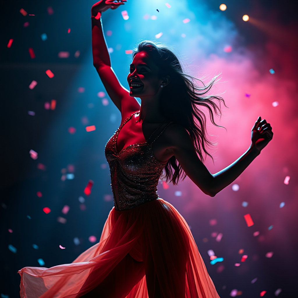 After-Dark Flash Portrait With Afterglow Energy example: Photorealistic after-dark action flash portrait photography. Motion-focused portrait with the subject dancing in place,