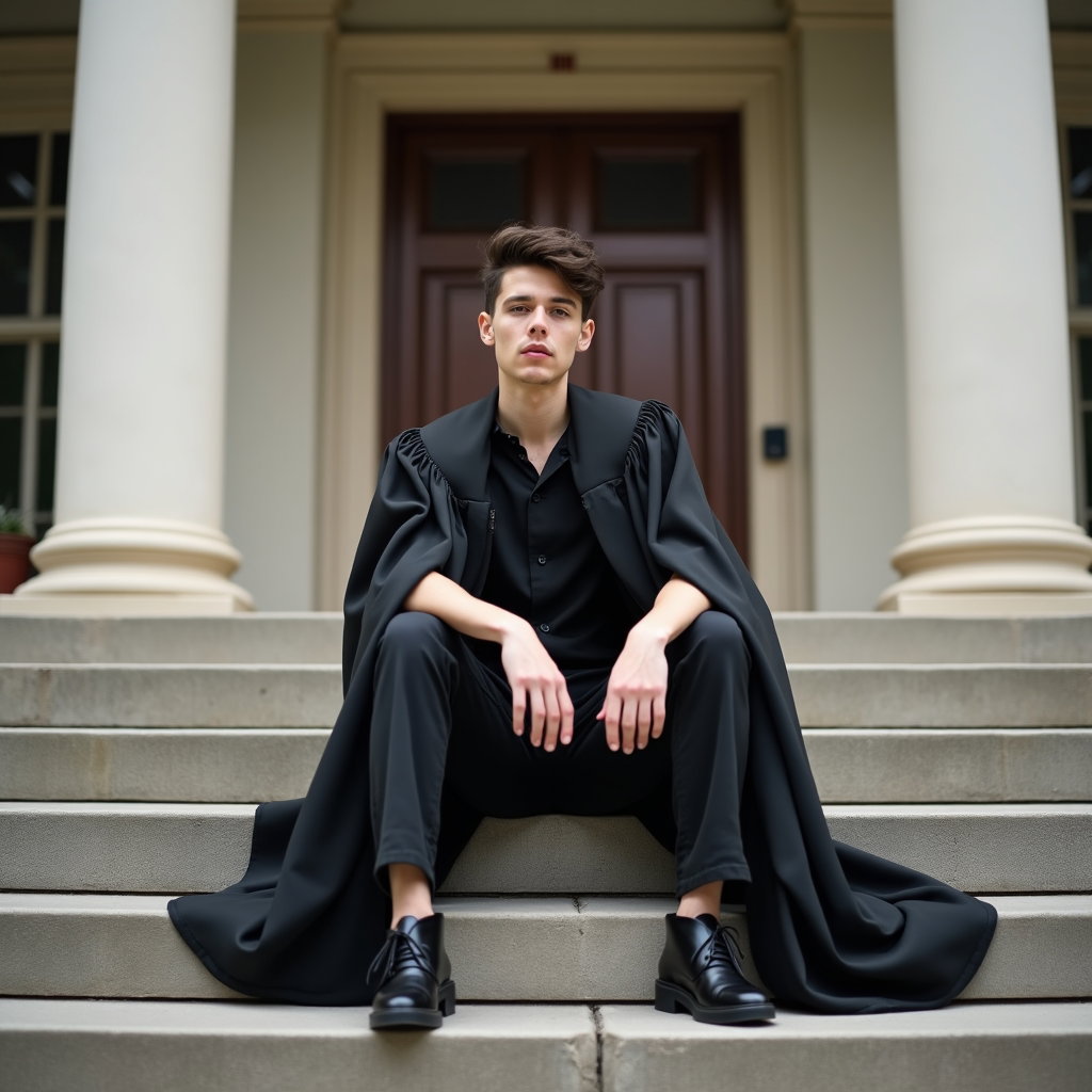 AI-generated photo: Photorealistic fashion portrait photography, a confident sitting-on-steps graduation portrait staged...
