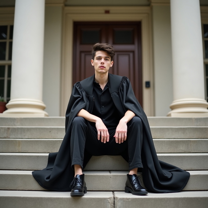 AI-generated photo: Photorealistic fashion portrait photography, a confident sitting-on-steps graduation portrait staged...