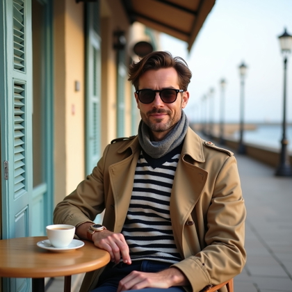 Off-Season Riviera Portraits With Cozy Coastal Style example: Photorealistic fashion portrait photography. Half-body portrait at a quiet coastal café terrace, seated beside a small b