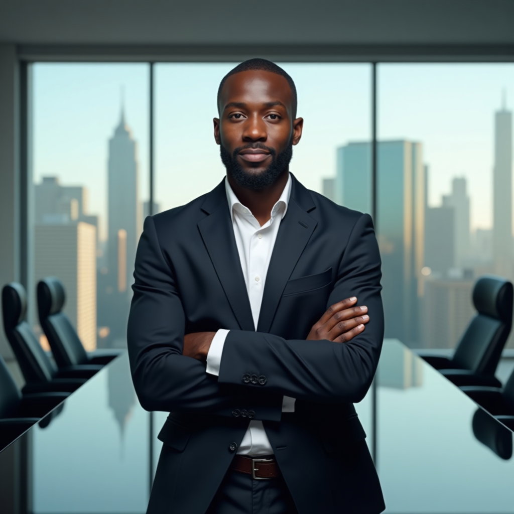 AI-generated photo: Professional headshot: authoritative boardroom scene with a glass-walled conference room and skyline...