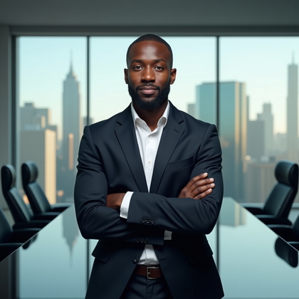 AI-generated photo: Professional headshot: authoritative boardroom scene with a glass-walled conference room and skyline...