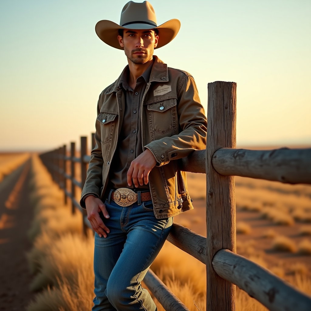 AI-generated photo: Photorealistic editorial fashion photography, a solitary cowboy leans lightly against a rough split-...