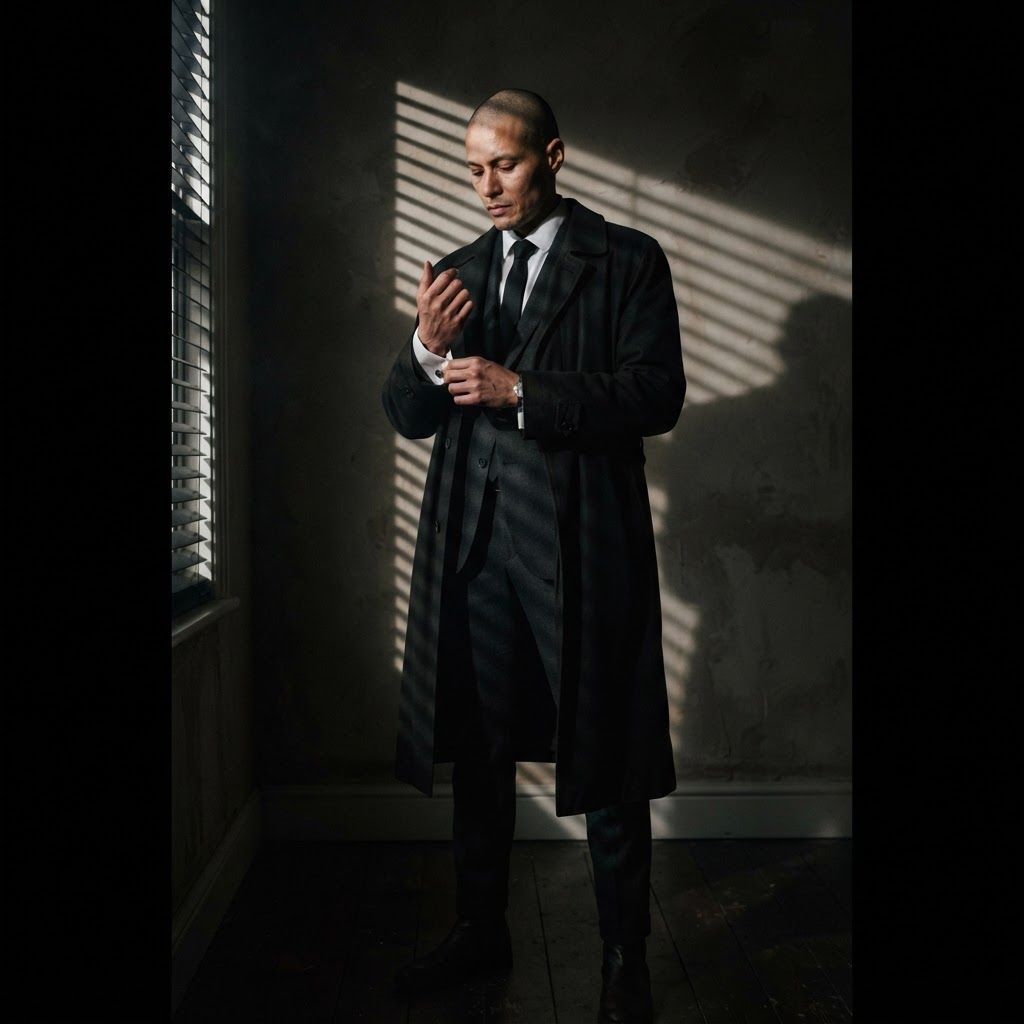 Venetian Blind Shadows: Half-body crime-drama portrait of one visible person against a bare plaster wall, dressed in a dark suit, narrow tie, and long coat worn…