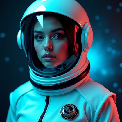 AI-generated photo: Photorealistic fashion photography portrait of a person in a sleek, modern astronaut-inspired suit, ...