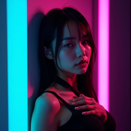 AI-generated photo: Photorealistic conceptual studio portrait photograph. The subject stands close to a colored backdrop...