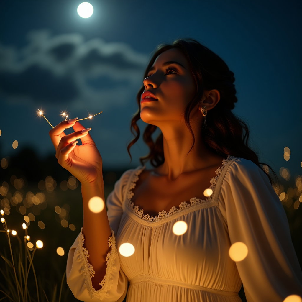 Scène au clair de lune et aux lucioles : portrait cinématographique en plan américain d’une personne arrêtée sous un ciel nocturne dégagé, dans une robe crème pâle à poignets de dentelle délicats.